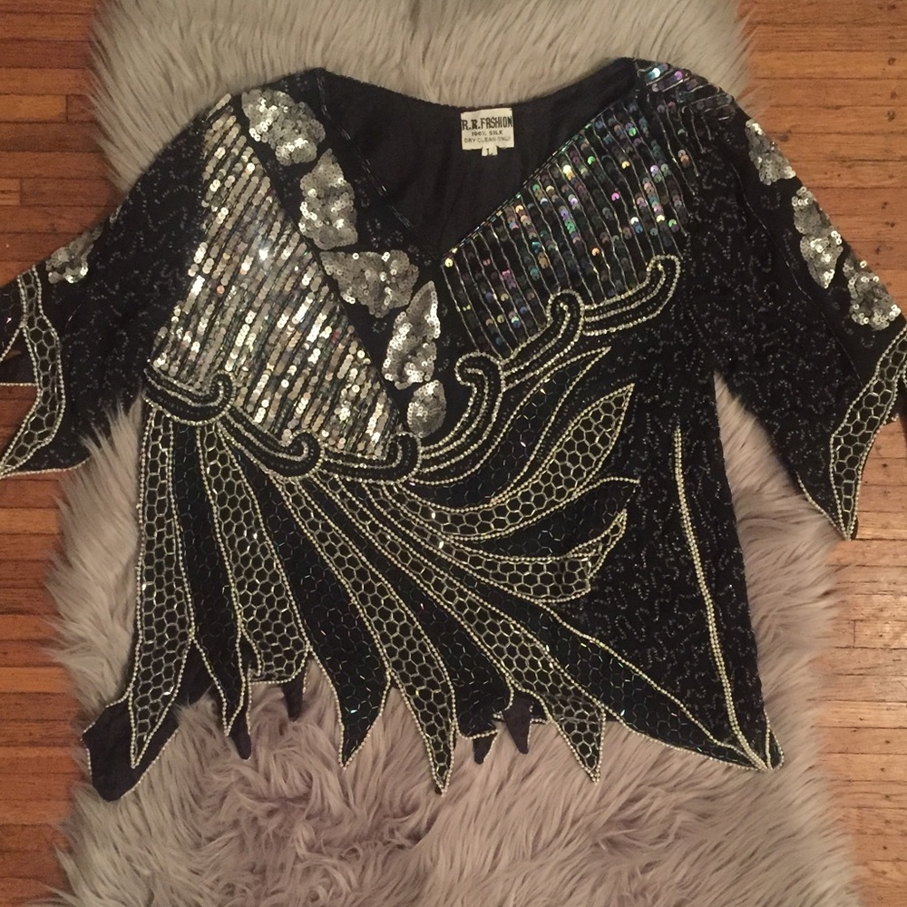 Beaded silk blouse vintage sz Large